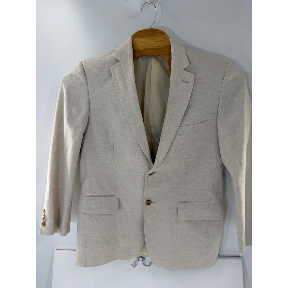 Mens Cotton Linen Blend Two Button Blazer Jacket Beige Tan Sport Coat